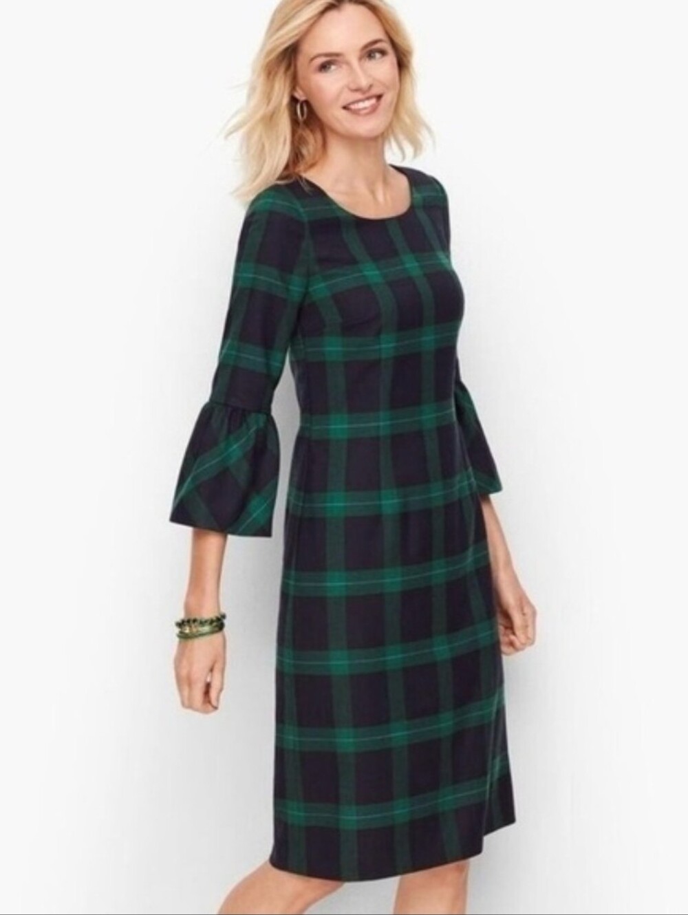 Talbots Green Navy Tartan Plaid Wool Blend Dress Lined Women’s Size 12